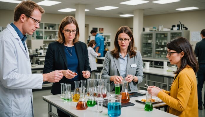 Visiteurs découvrant des expériences scientifiques lors d'une journée portes ouvertes de la Fête de la Science