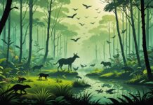 Biodiversité mondiale : un déclin de 73 % qui n’est pas une fatalité selon le WWF Illustration générée par IA représentant le déclin de la biodiversité mondiale, forêt tropicale et silhouettes d'animaux sauvages