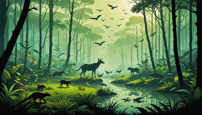Illustration générée par IA représentant le déclin de la biodiversité mondiale, forêt tropicale et silhouettes d'animaux sauvages