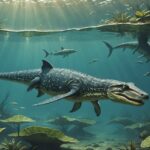 Illustration générée par IA d'un mosasaure d'eau douce nageant dans un lac du Crétacé, ne représente pas le fossile exact