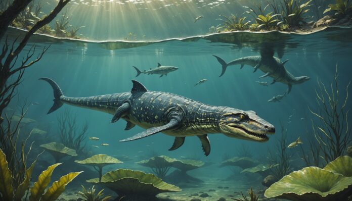 Illustration générée par IA d'un mosasaure d'eau douce nageant dans un lac du Crétacé, ne représente pas le fossile exact