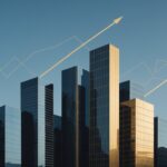 Activité des entreprises françaises : ce que révèle la dernière enquête de la Banque de France Illustration abstraite de l'économie française, courbes de croissance et silhouettes d'immeubles de bureaux