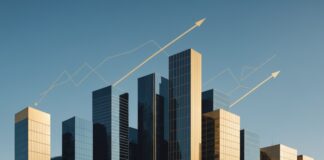Activité des entreprises françaises : ce que révèle la dernière enquête de la Banque de France Illustration abstraite de l'économie française, courbes de croissance et silhouettes d'immeubles de bureaux