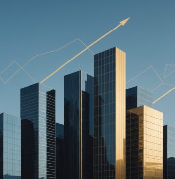 Activité des entreprises françaises : ce que révèle la dernière enquête de la Banque de France Illustration abstraite de l'économie française, courbes de croissance et silhouettes d'immeubles de bureaux