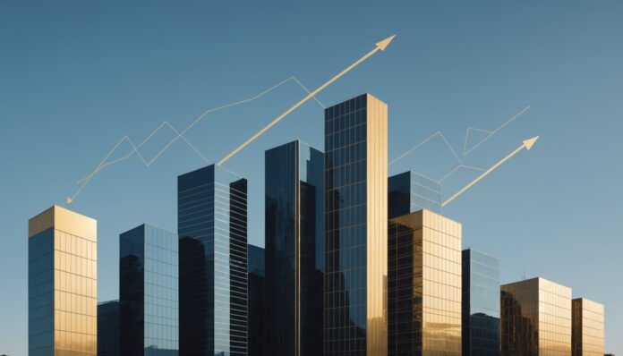 Illustration abstraite de l'économie française, courbes de croissance et silhouettes d'immeubles de bureaux